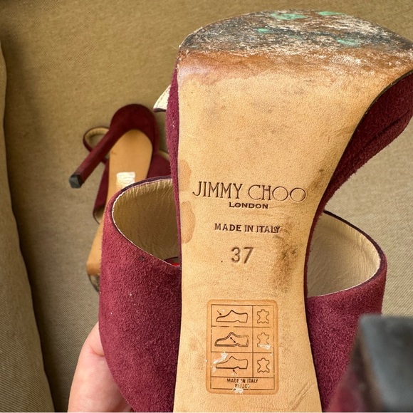 JIMMY CHOO Size SAPHIE Burgundy Suede Crystal Heels Sandals Shoes EU 37 US 7 - Picture 8 of 15